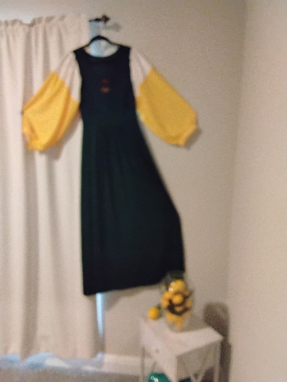 Green Maxi Dress with Yellow Puff Sleeves